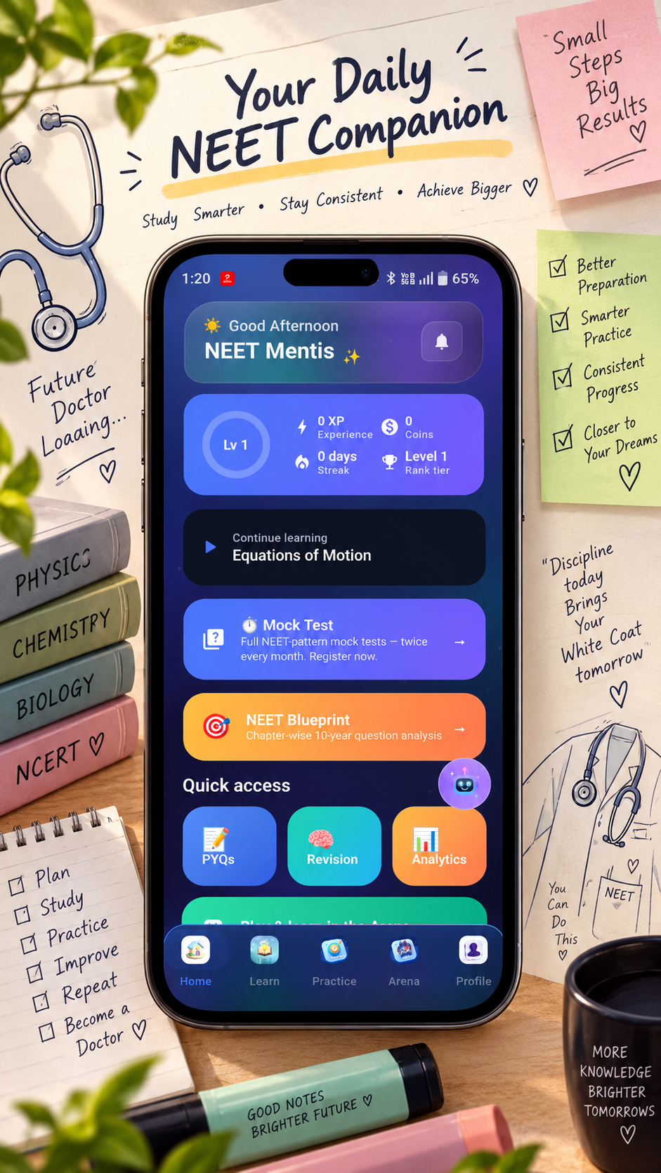 NEET Mentis home dashboard with XP, streaks, mock tests and quick access