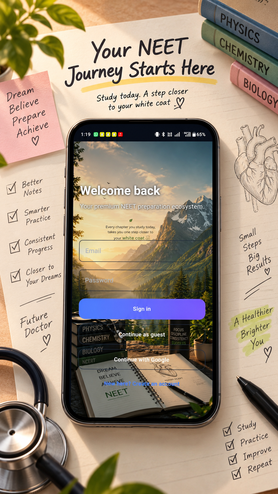 NEET Mentis welcome and secure Google sign-in screen